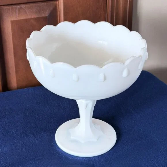 Vintage Indiana Glass Milk Glass Teardrop Pedestal Bowl Scalloped Compote Bowl - Picture 3 of 6